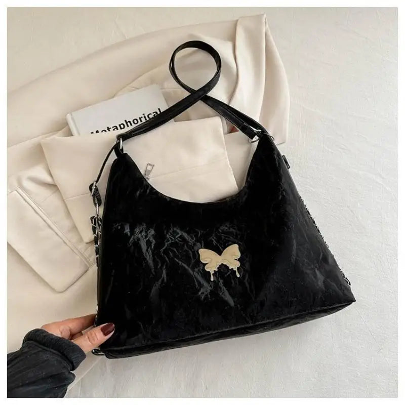 Women Fashion Shoulder Crossbody Dual-use Bag Silver Butterfly Decor Large Capacity For Daily Commute Shopping Travel Qme Black