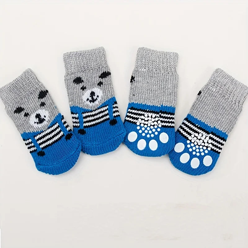 Pet socks, anti dirt and anti slip dog foot covers, Teddy Bears, Puppy Cotton Socks, 3D Doll Dog Shoes, set of 4 universal for c Qme Blue S