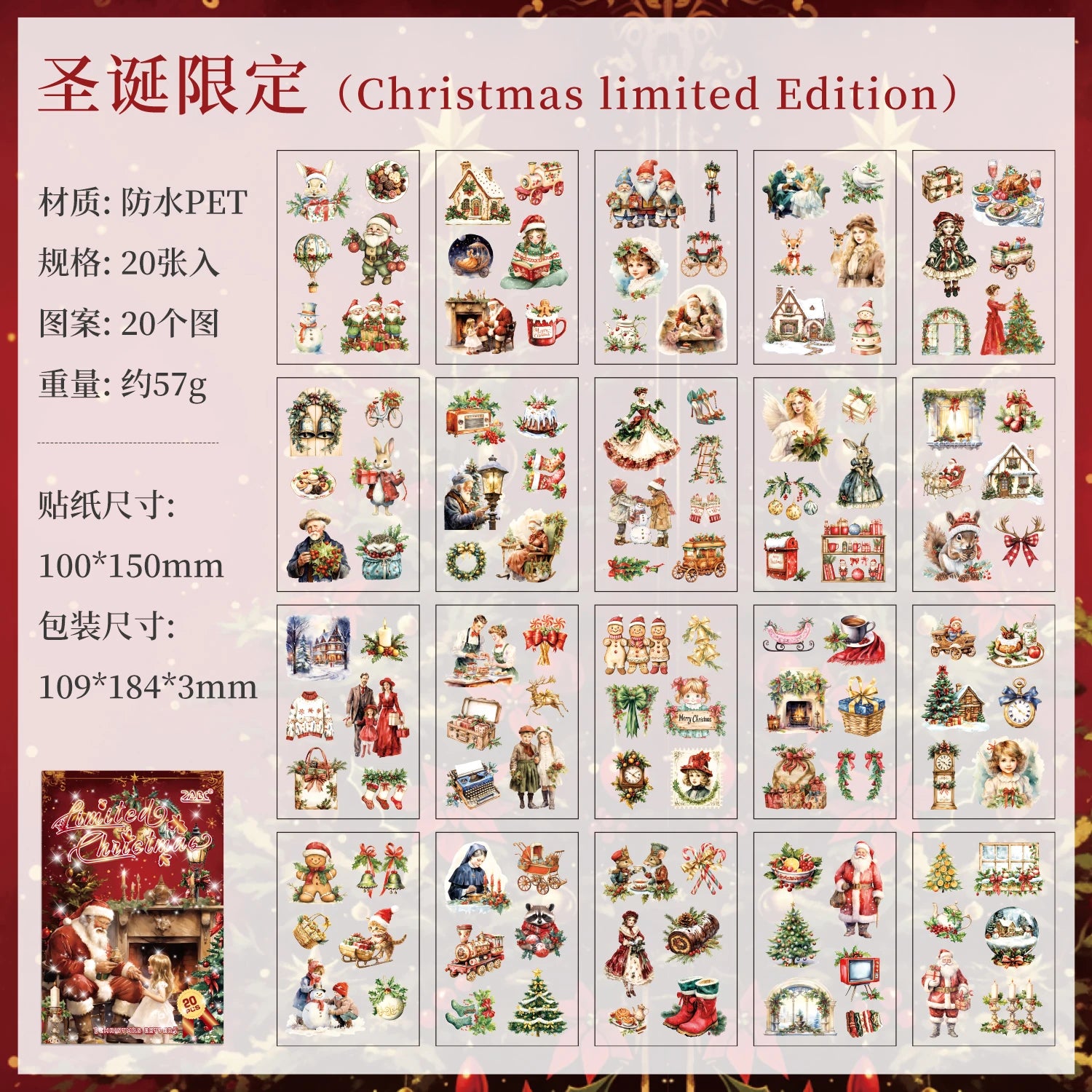 20/40 Sheets Large Size Christmas Sticker Book Washi PET Stickers Set Scrapbooking Holiday Party Aesthetic Decoration Journal Qme B