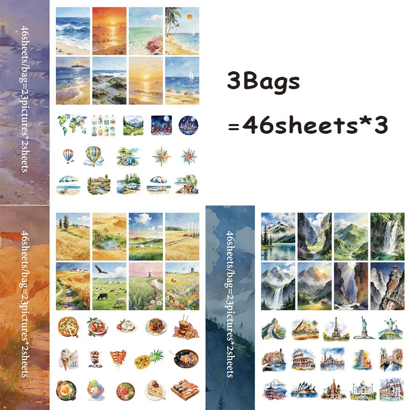 3 Bags Watercolor Landscape Theme Pack, Healing Scenery Journal Scrapbooking Materials, Versatile for Multiple Scenes Qme A