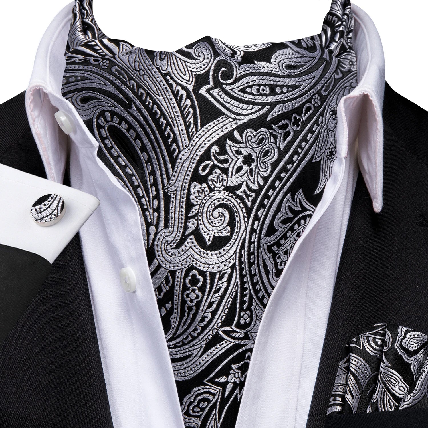 Hi-tie Mens Ascot Pocket Square Cufflinks Jacquard Paisley Floral Qme AS-1146