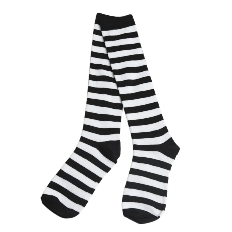 Women Black White Stripe Knee Socks Sweet Lolita Harajuku Stocking Qme WHITE One Size