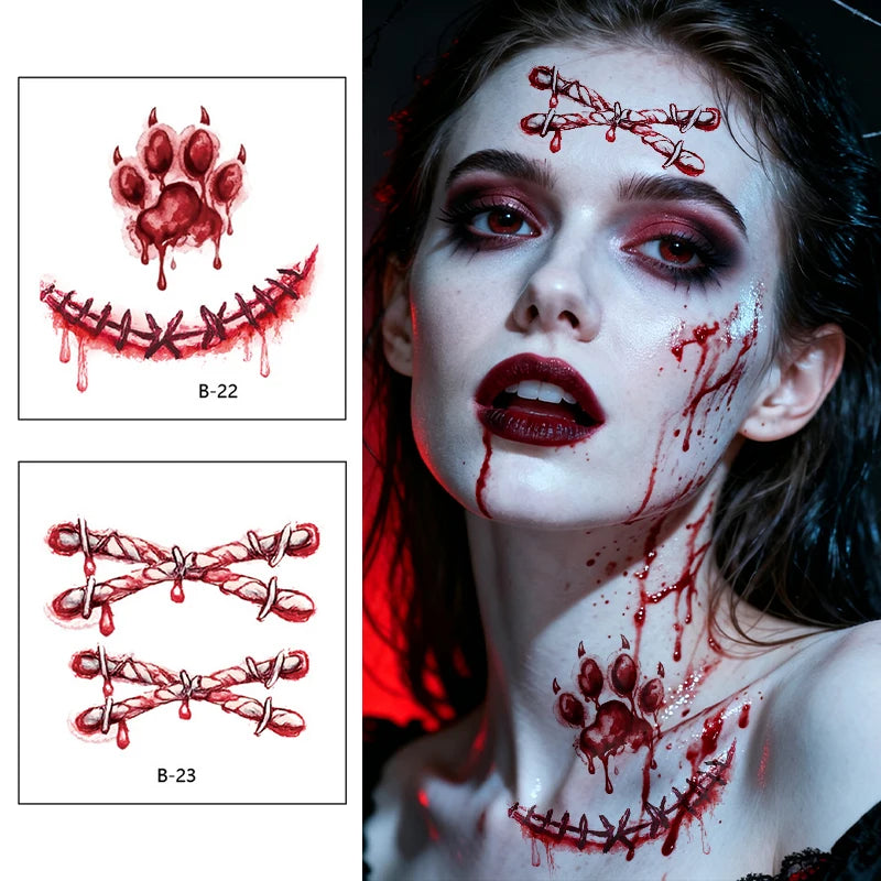 Halloween Horror Realistic Bloody Stitched Scar Temporary Tattoos Qme