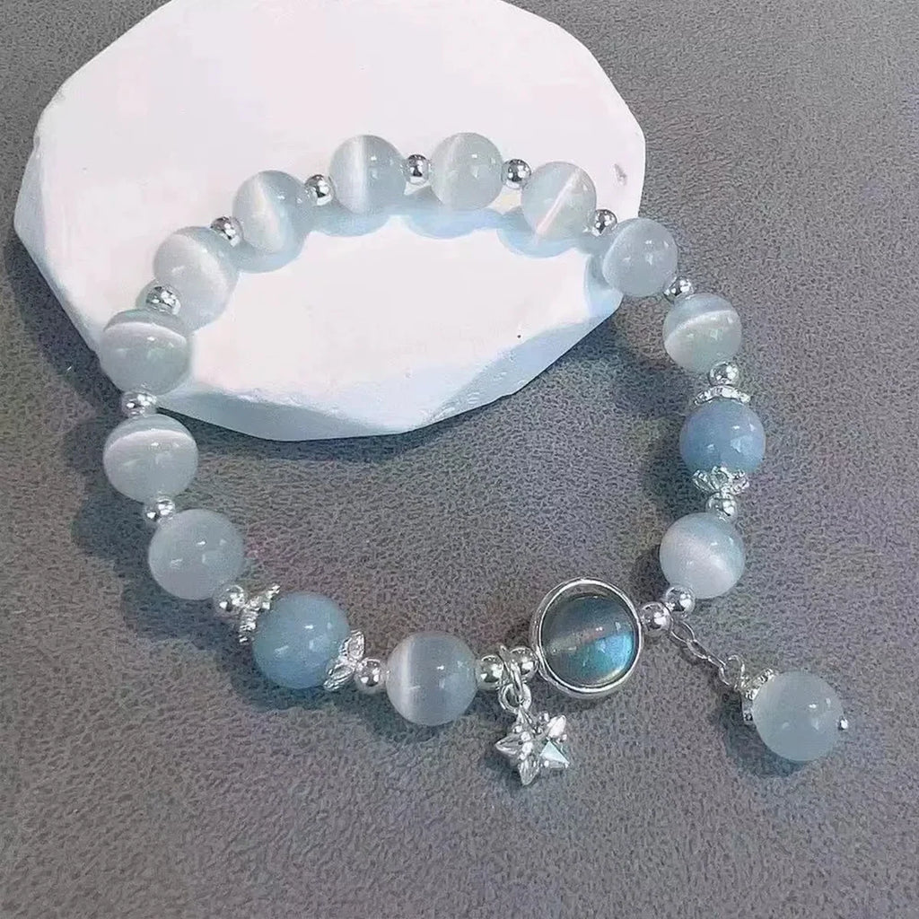 Unique Dreamy Blue Moonstone Cat Eye Pendant Crystal Bead Bracelet Qme