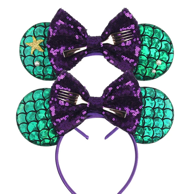 Mermaid Mickey Mouse Ear Headbands with Bow Sequin Candy Headbands Cosplay Costume party Christmas Halloween for Girl Women Qme Headband 14
