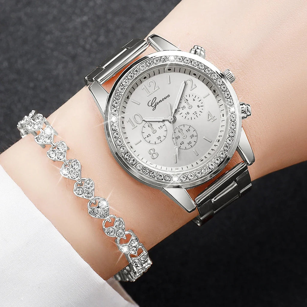 2PCS Women's Watch Fashion Rhinestone Ladies Analog Quartz Watches Bracelet Set Reloj Mujer Girls Clock Gift Qme