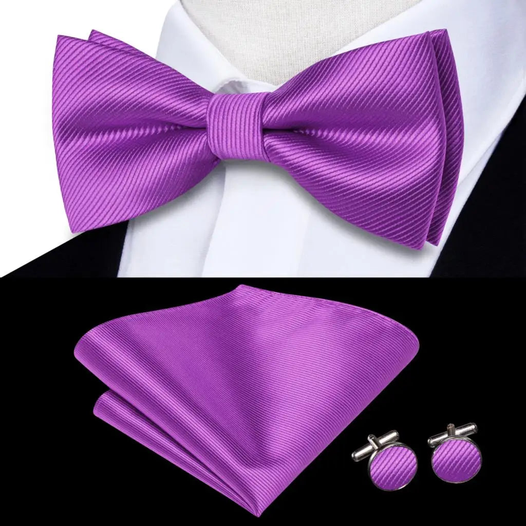 Purple Lilac Lavender Pansy Violet Silk Mens Bow Tie Hanky Cuffs Set Pre-tied Butterfly Knot Bowtie for Male Wedding Business Qme LDLH0593