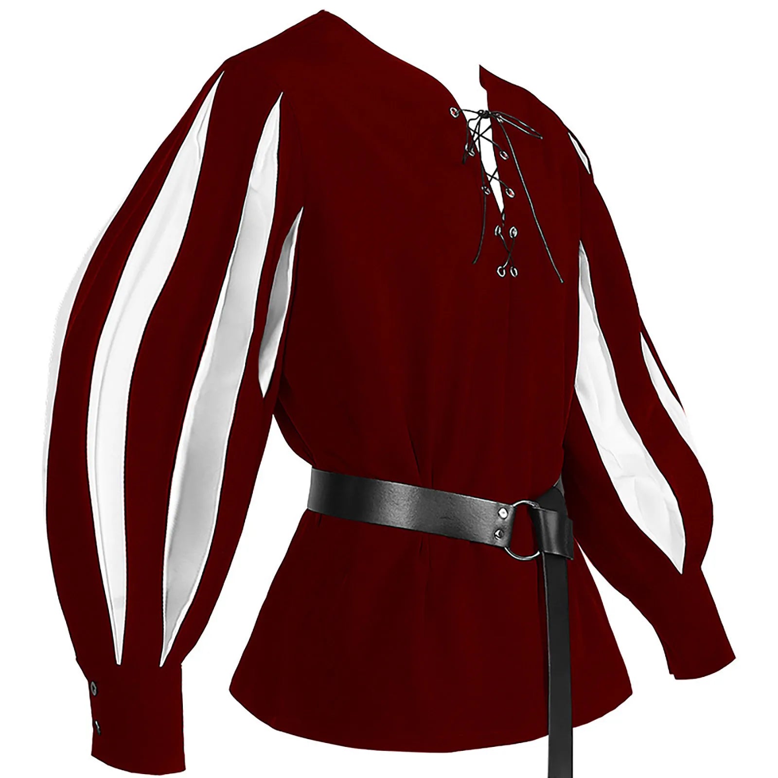 Men's Gothic Dark Contrast Lace Up Top Casual Vintage Medieval Renaissance Loose Soft Clothes Long Sleeve Shirt With Waistband Qme Wine XL