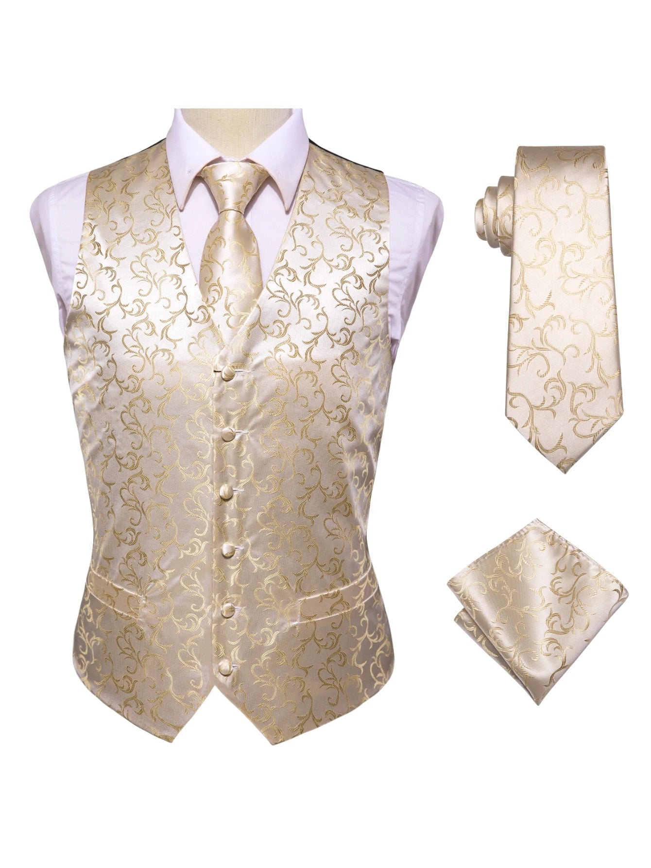 Apricot Men Vest Three-Piece Suit Set, Dress Waistcoat with Tie and Pocket Square for Party Ceremony Qme MJ-0017 L