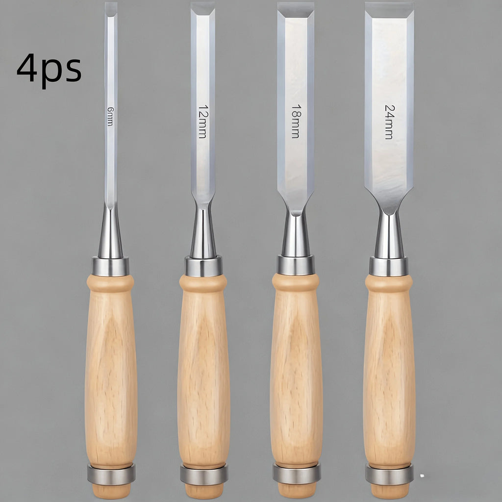 4pcs Professional Woodworking Chisel Set -6/12/18/24mm Diagonal Blade Chisel, Chrome Vanadium Steel Blade, Solid Wood Handle Qme 4pcs