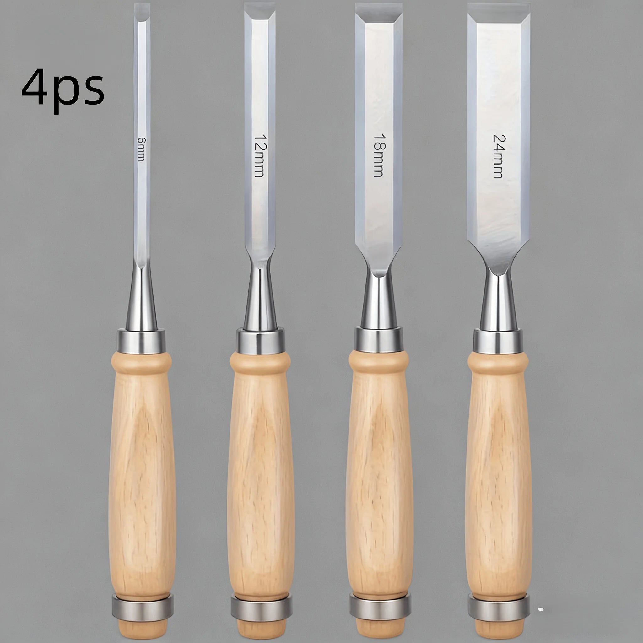 4pcs Professional Woodworking Chisel Set -6/12/18/24mm Diagonal Blade Chisel, Chrome Vanadium Steel Blade, Solid Wood Handle Qme 4pcs