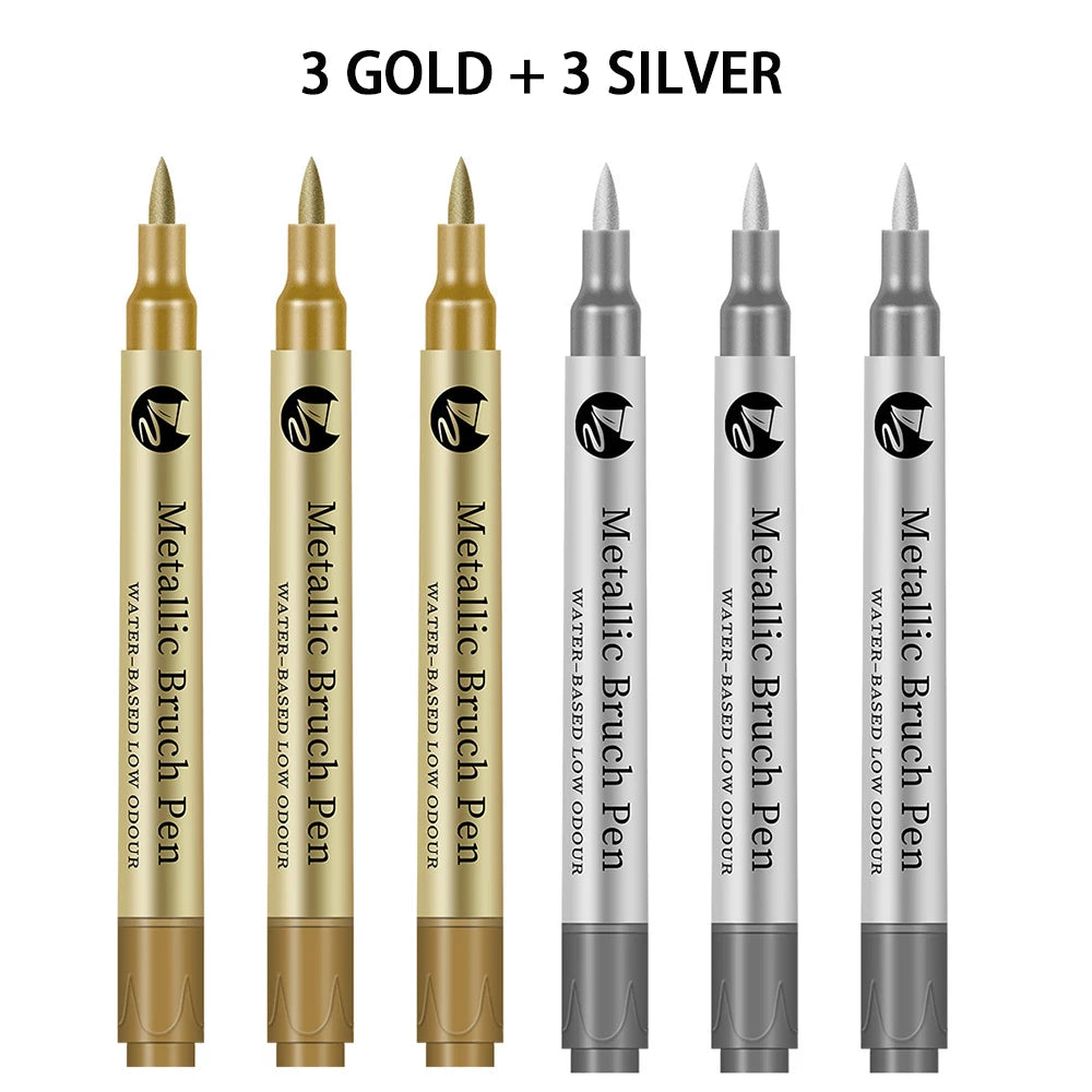 2-6Pcs/set Gold/Silver Metallic Marker Pen Waterproof Permanent Paint Marker Pen And Ink for Rock,Ceramic,Glass DIY Painting Qme 3gold - 3silver