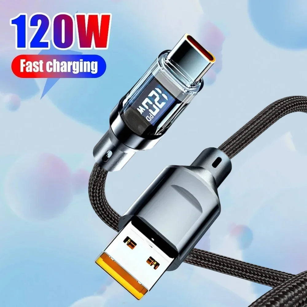 120W USB A to Type C Quike Data Cable Cord Type-C To Type-C Fast Charging Data Cord With Led Digital Display For Samsung Huawei Qme
