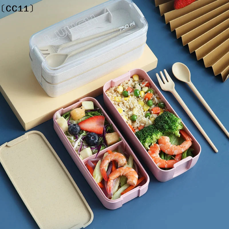 Double-layer Wheat Straw Lunch Box Fork Spoon Microwave Safe Portable Qme