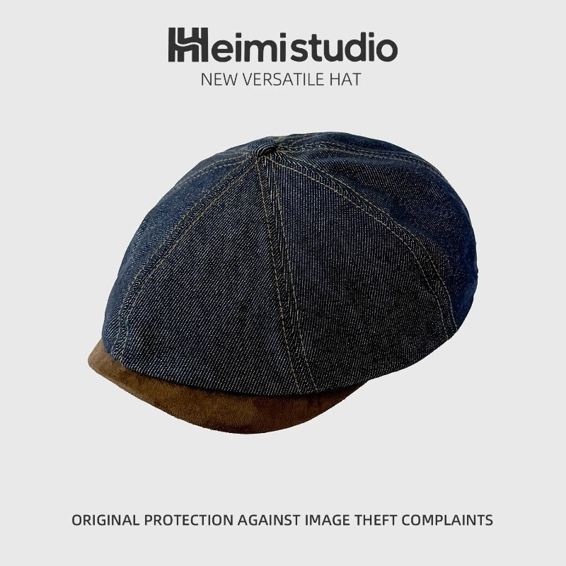 Washed Distressed Vintage Denim Patchwork Beret Painter Hat Qme