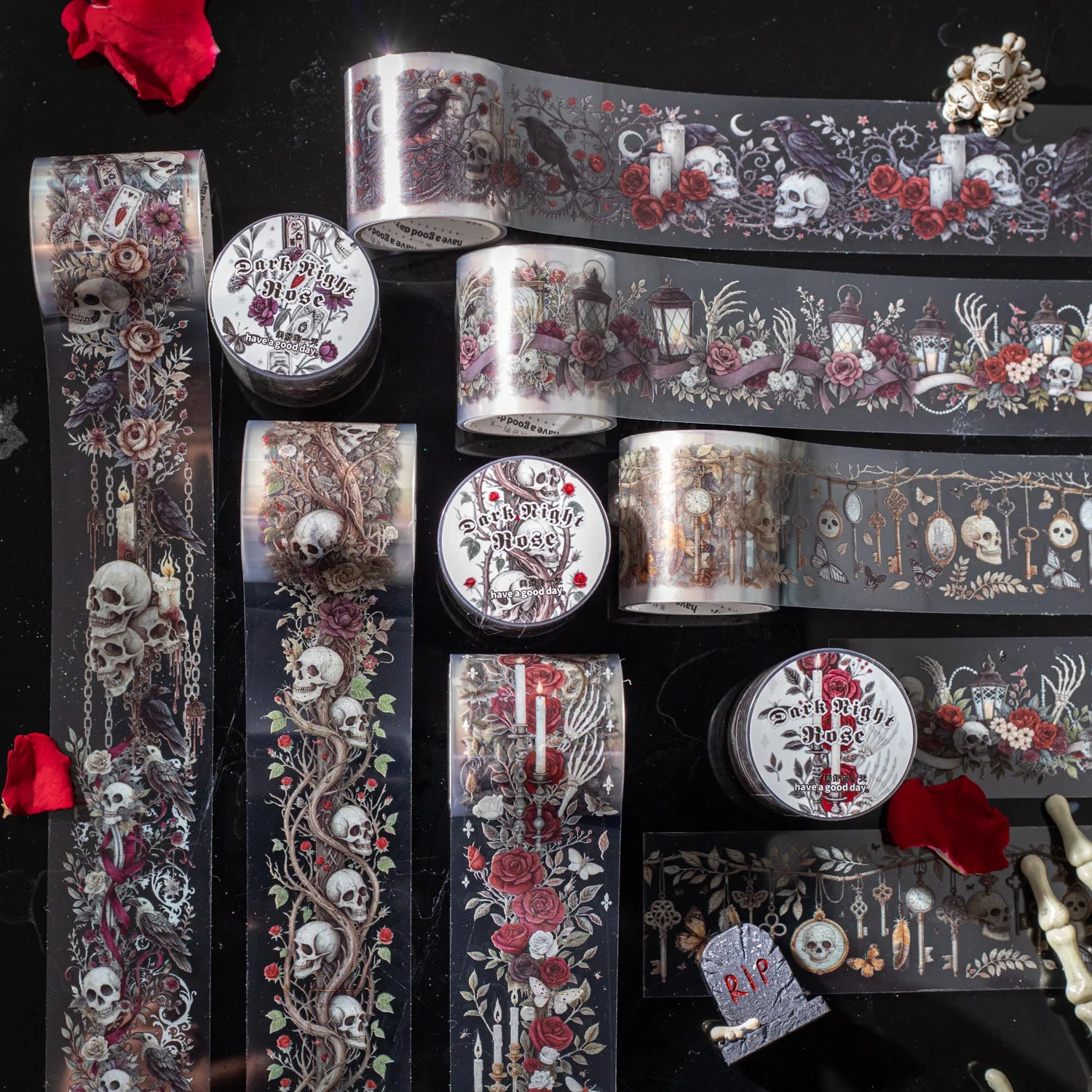 1Roll Halloween Gothic Rose Skeleton Washi Tape for Scrapbooking DIY, Journal Decoration, Phone Case Notebook Decor Qme