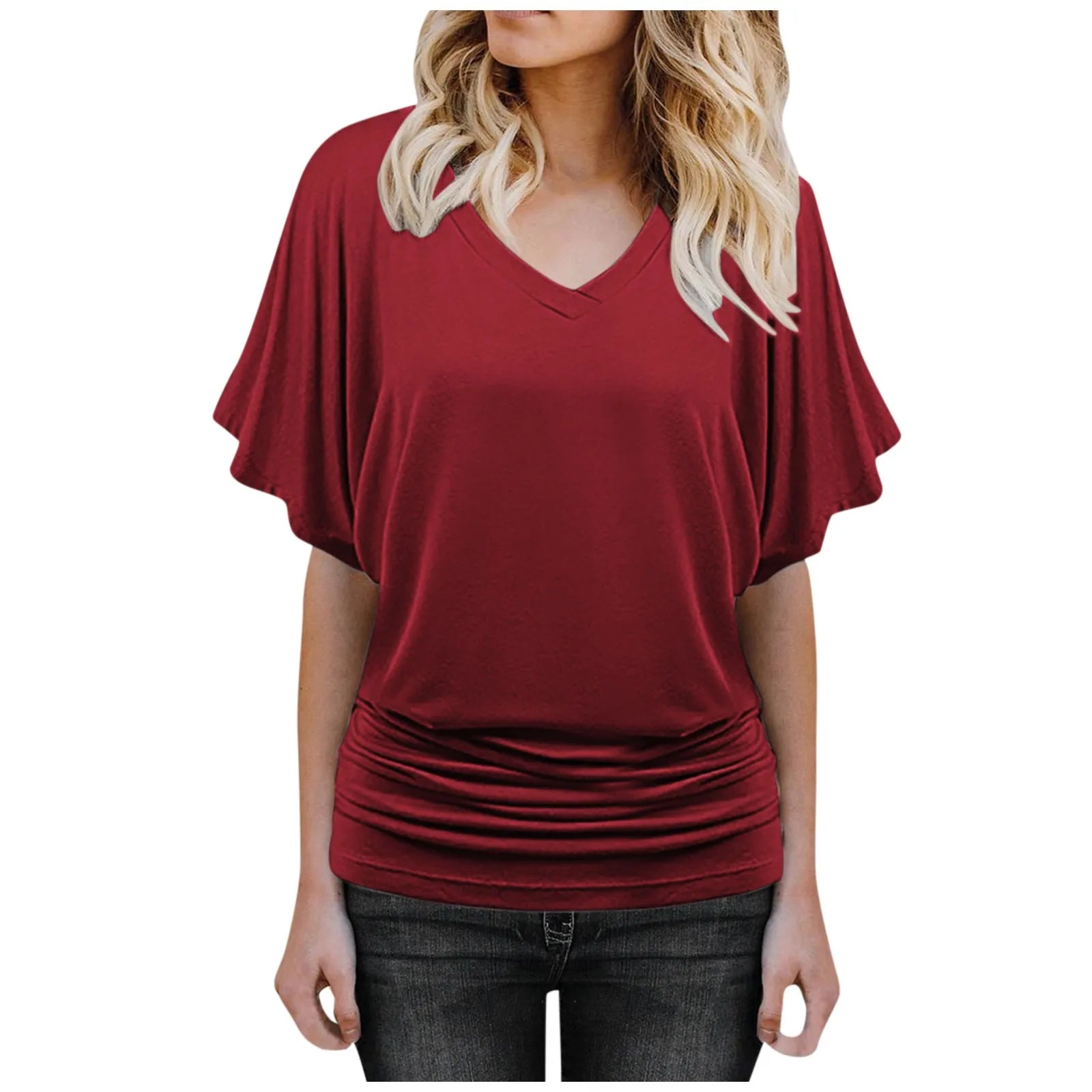 Soft Pleated Summer Bating Short Sleeved V-neck Solid Color T-Shirt Fashionable Classic Soft And Comfortable Daily Top For Lady Qme