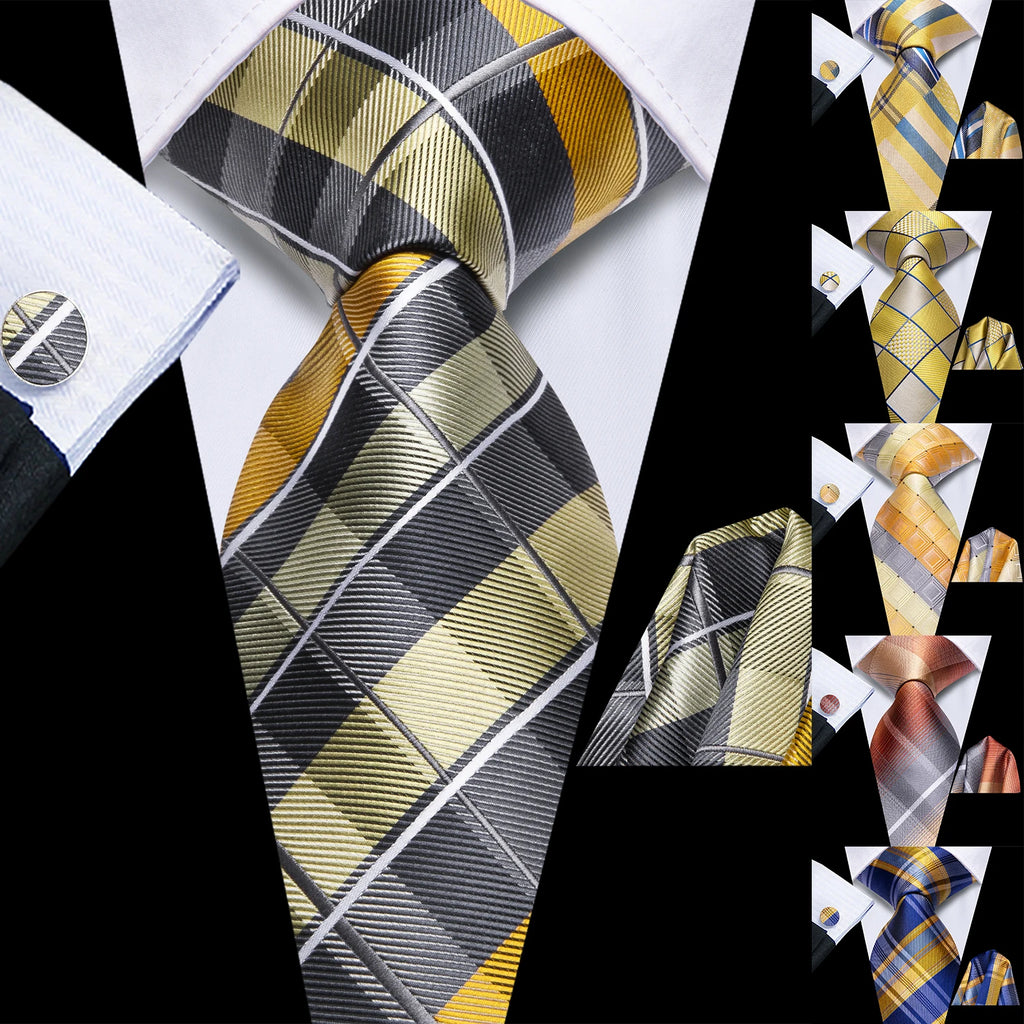 Hi-Tie Men Fashion Necktie Yellow Orange Brown Handkerchief Cufflinks for Tuxedo Accessory Classic Silk Luxury Gift Tie Qme