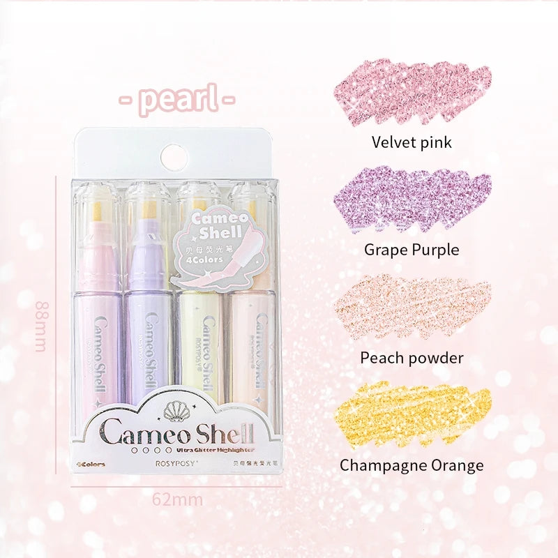 Mini Portable Clear Shell Glitter Highlighter Markers 4Pcs Set Glitter Ink for Scrapbook Painting School Stationery Qme Pearl set