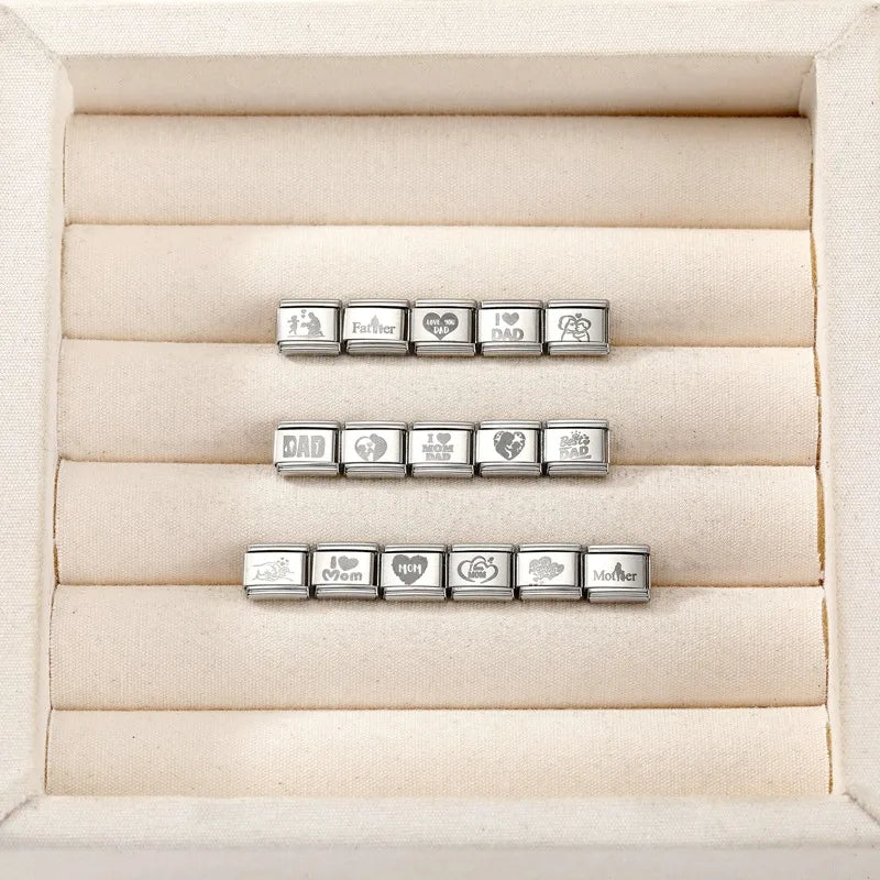 Black Laser Engraving Dad Mom Father's Day Mother's Day Italian Charm Link Fit 9mm Stainless Steel Bracelet DIY Making Jewelrys Qme