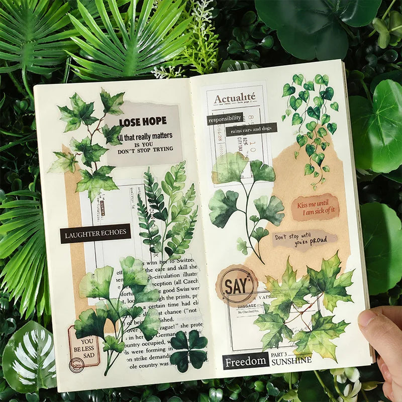 Vintage Green Leaf Flower Sticker Package,Notebook Decorative Stickers For Scrapbooking Label,Diary Sticker,Aesthetic Stationery Qme