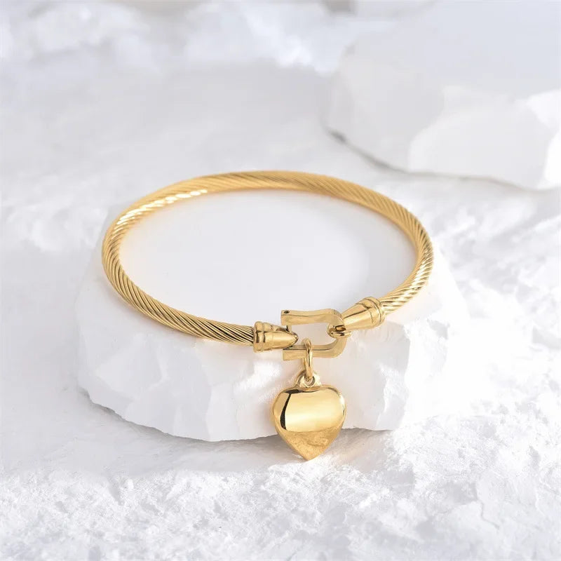18k Gold Color Stainless Steel Heart Pendant Charm Bangle Bracelets for Men Women Qme