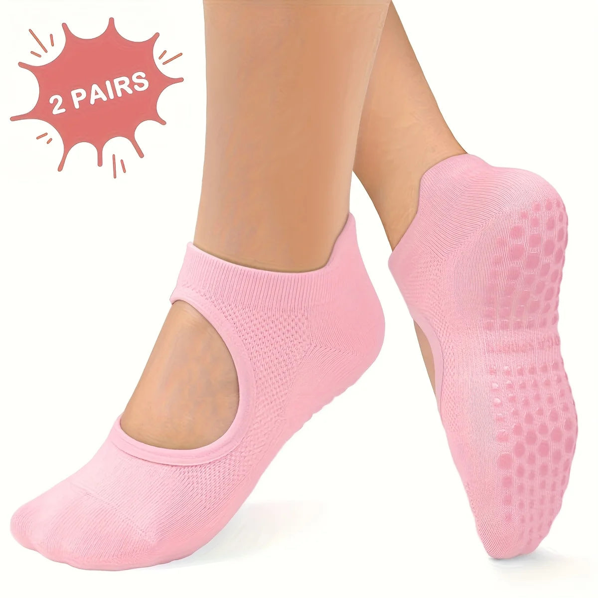 2 Pairs Women'S Non-Slip Pilates Yoga Socks - Open Toe with Arch Support, Breathable for Exercise, Ballet, Textured Grip Bottom Qme 35.5 Pink 2 Pairs
