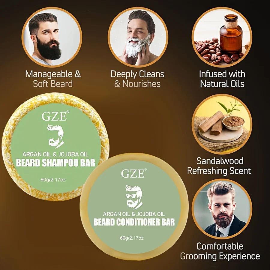 GZE Beard Wash & Conditioner Soap Set Argan & Jojoba Oils – Softens, Smooths & Strengthens Beard Growth Qme