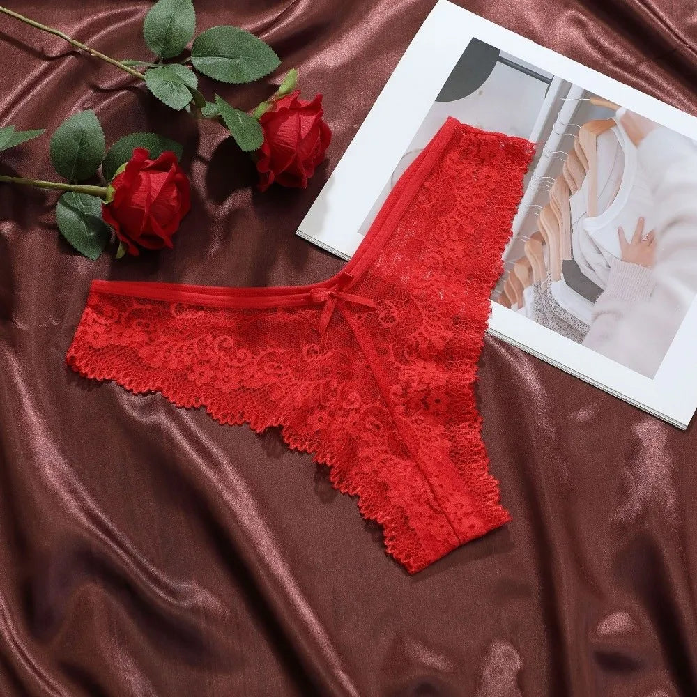 Cotton Crotch Women Lace Flower Briefs Low Waist Traceless Thong Qme Red S 1pc