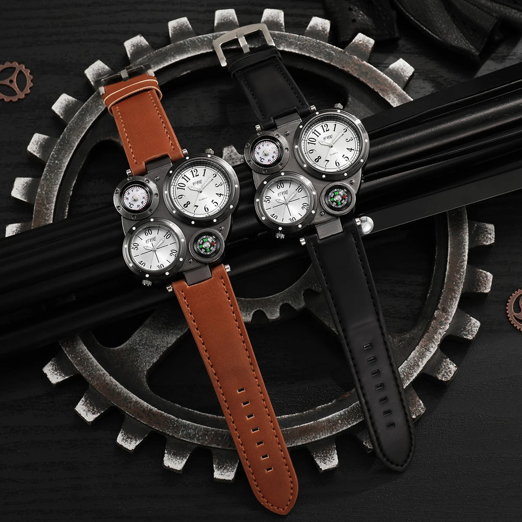 2 pçs/set luxo grande dial masculino relógios de quartzo casual pulseira de couro relógios de pulso esporte para homem 4 Qme