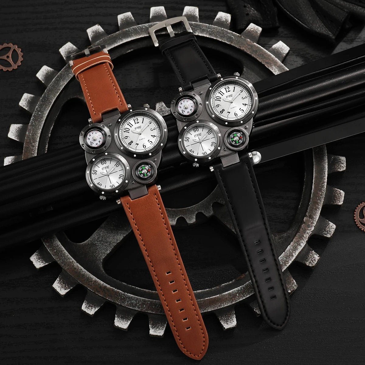 2 pçs/set luxo grande dial masculino relógios de quartzo casual pulseira de couro relógios de pulso esporte para homem 4 Qme