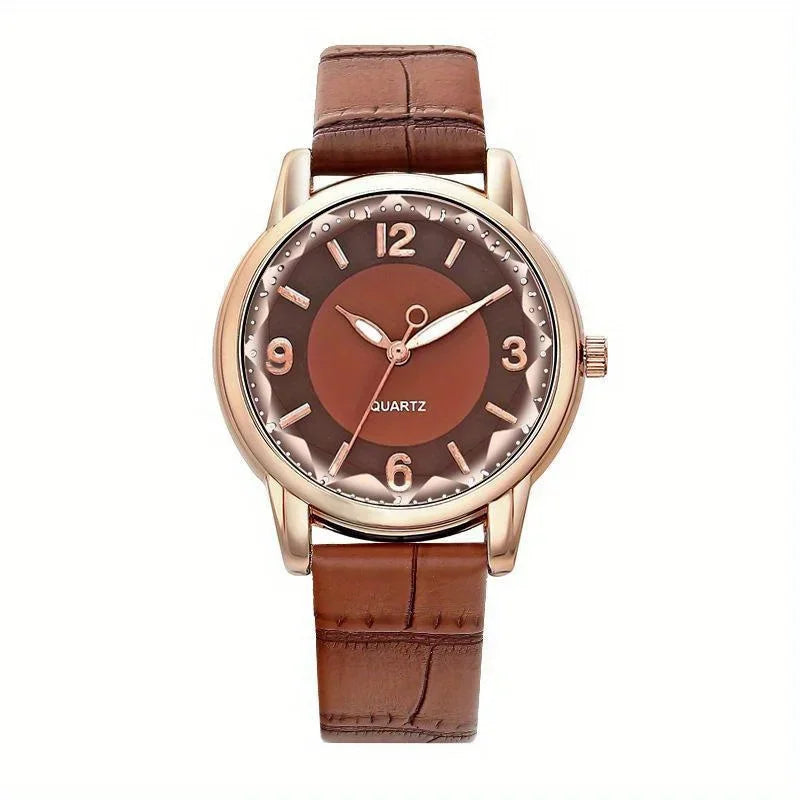 Casual Round Pointer Quartz Watch Ladies Fashion Analog PU Leather Wristwatch For Women Girls Students Qme Brown No