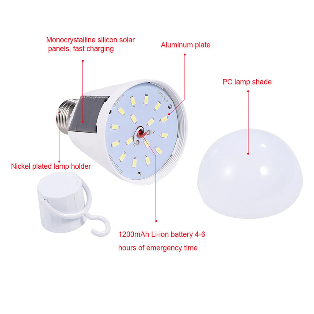 Solar LED Light Bulb with Solar Panel Portable Emergency Camping Lamp Waterproof Outdoor Hiking Light Cold White Qme