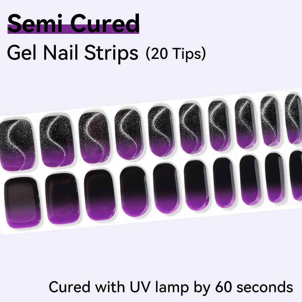 20Tips Semi Cured Gel Nail Strips Glitter Black White Plaid DIY Qme NC250004