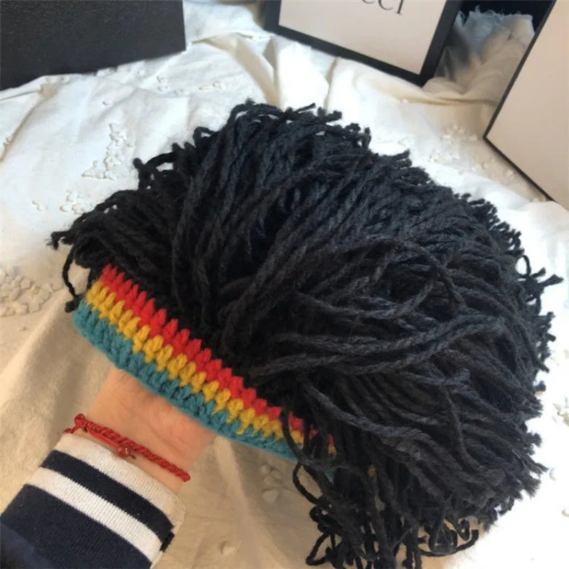 Novelty Dreads Knit Hat Warm Fuzzy Wool Cap Braided Wig Unique Hip Qme black