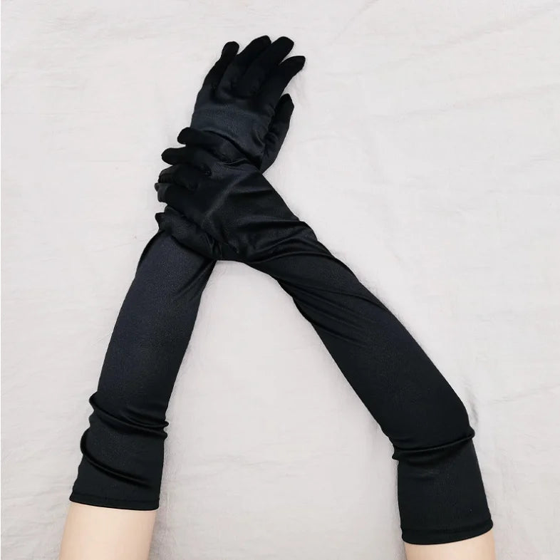 Ladies Satin Long Mitten Stage Performance Multicolor Women Black Qme black One Size