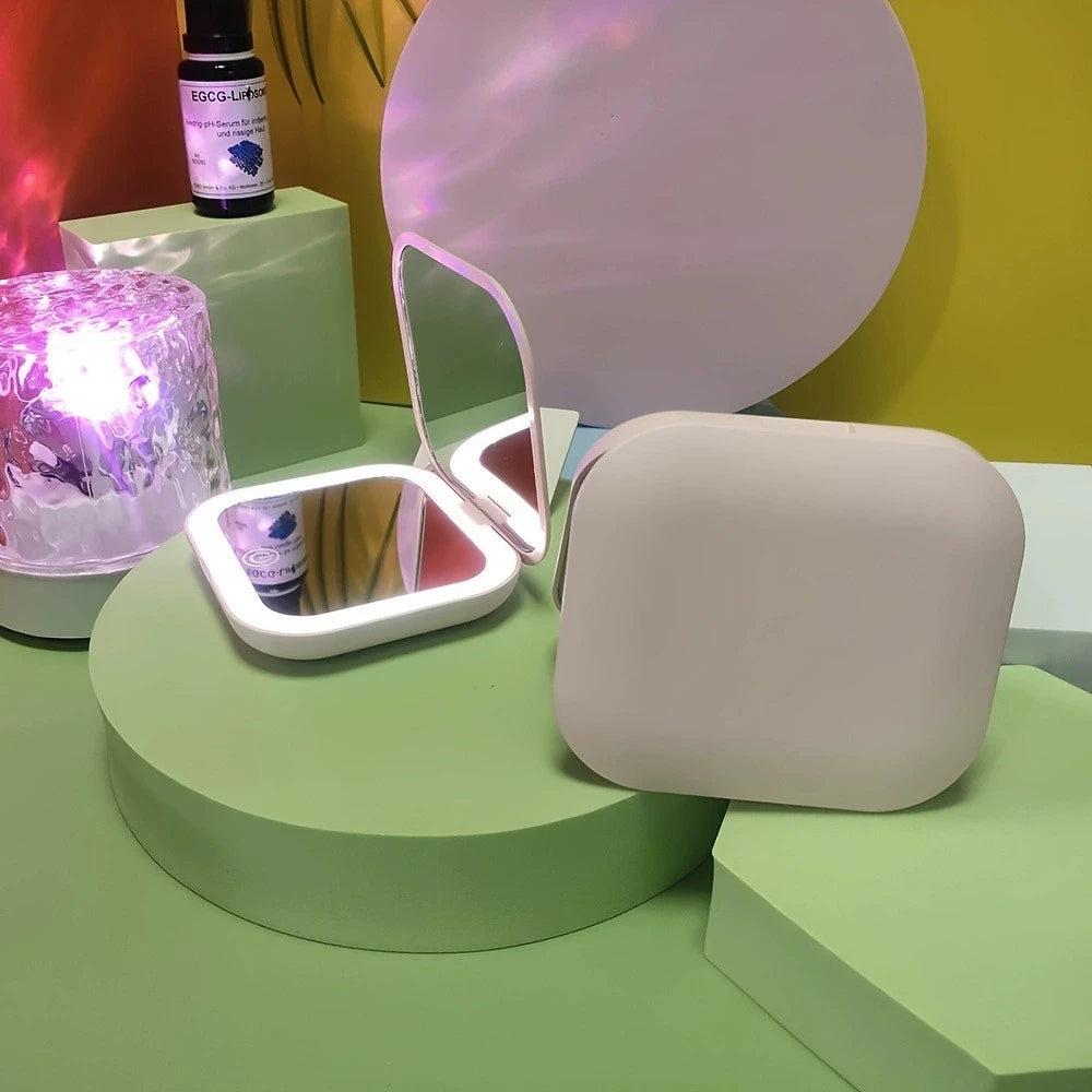 Compact Small Mini Travel Folding Vanity Cosmetic Mirror with Lights Portable HandHeld Pocket LED Makeup Mirror Qme