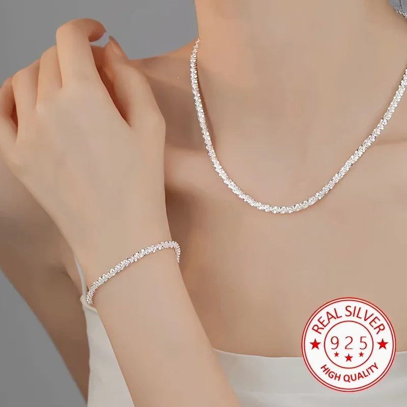 Luxury 2pcs Set 925 Sterling Silver Charms Bracelets Necklaces Jewelry Set for Women Lady Designer Jewelry Wedding Party Gifts Qme Bracelet Necklace 20cm and 70cm