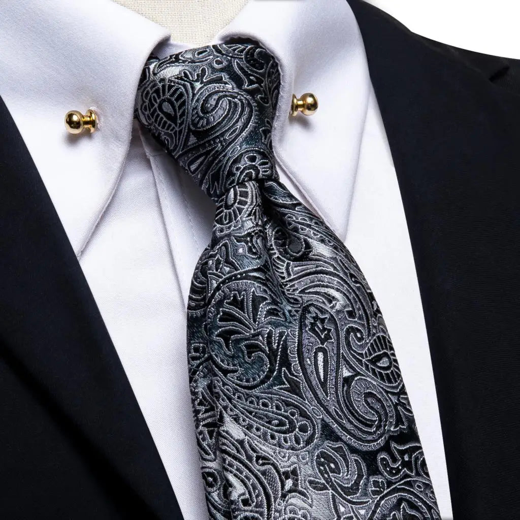 Hi-tie Luxury Teal Blue Wedding Necktie Men's Tie Glod Collar Pin Qme N-0209-CP-0001