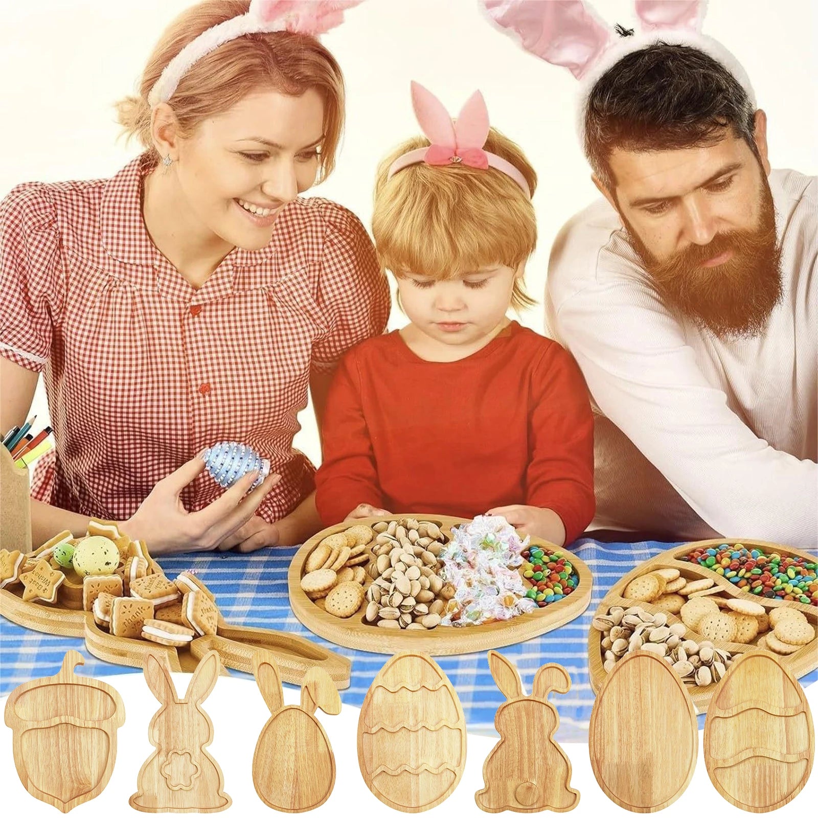 Wooden Serving Platter Easter Egg Bunny Decoration Tray Rustic Festivals Decorative Tray Board for Fruit Candy Multiuse Plates Qme