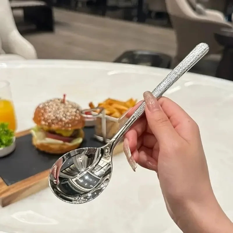 8pcs Stainless Steel Long Handle Spoons, Hammered Texture, Soup Spoons, Tea Spoons, Dessert Spoons, Coffee Spoons Qme