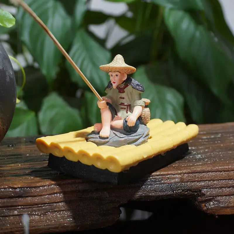Outdoor Decoration Bamboo Raft Fisherman Figurine Elderly PVC Statue Qme
