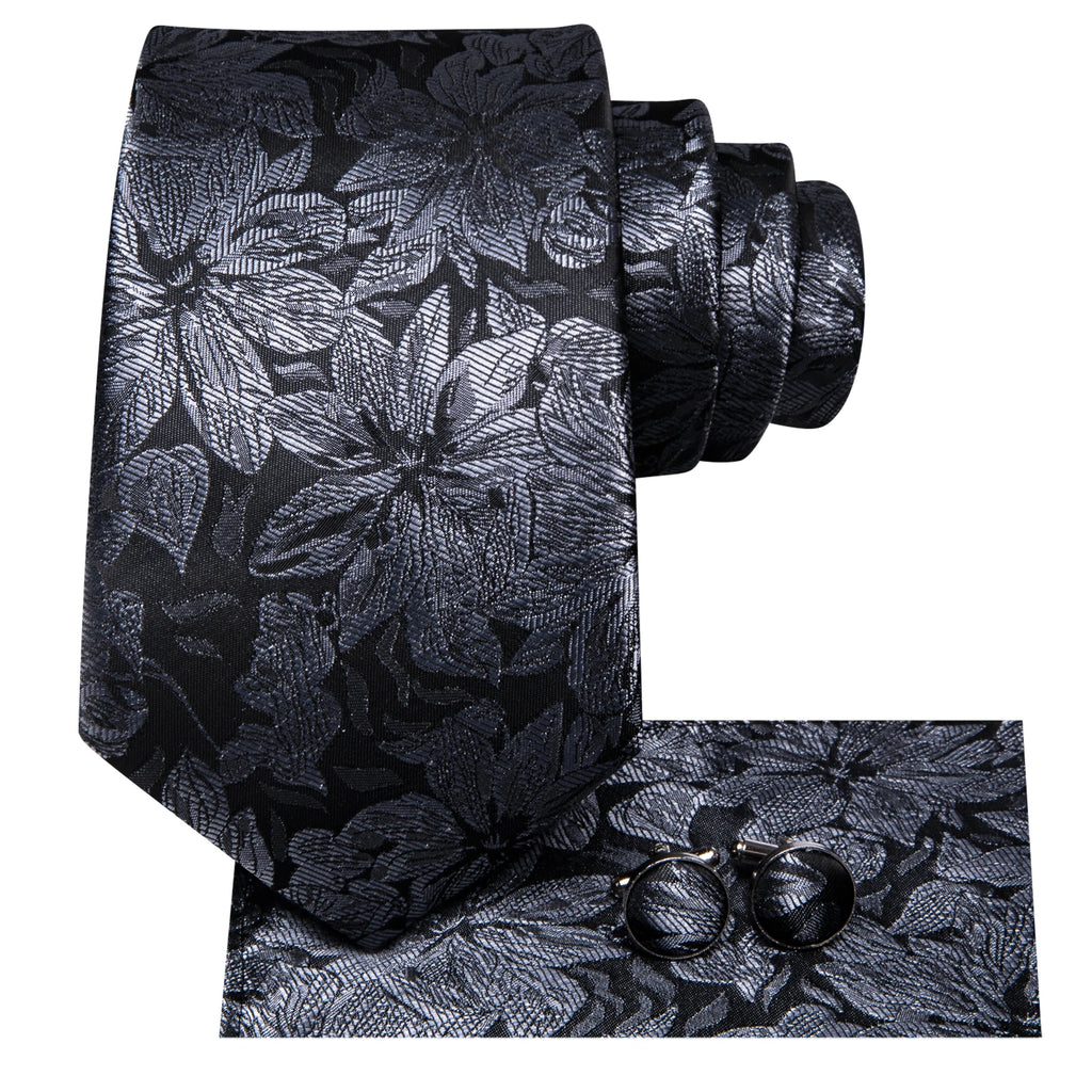 Hi-tie Fashion Black Grey Floral Mens Elegant Tie Handkerchief Qme