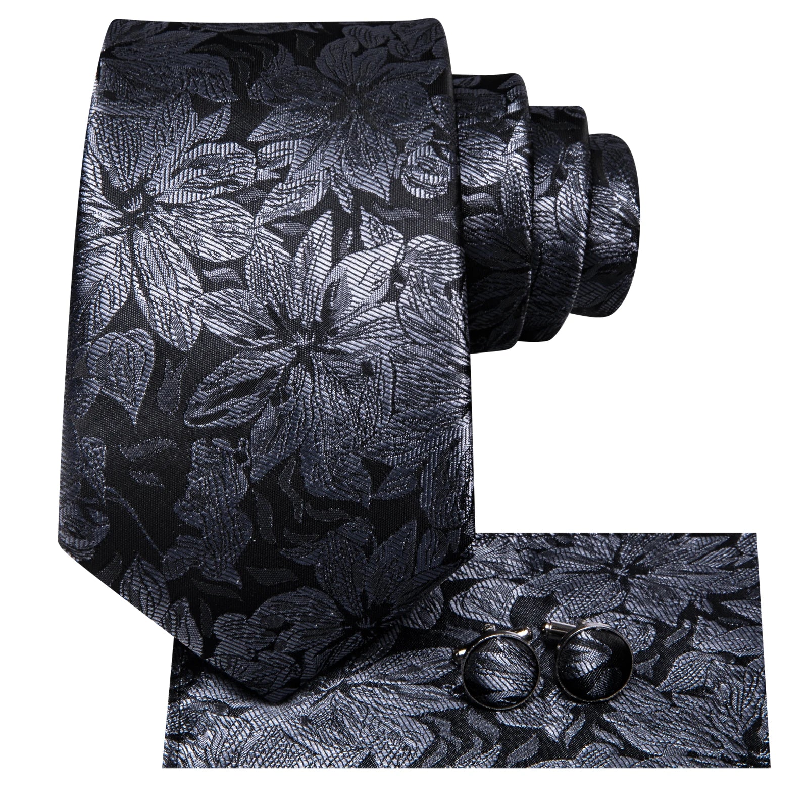 Hi-tie Fashion Black Grey Floral Mens Elegant Tie Handkerchief Qme