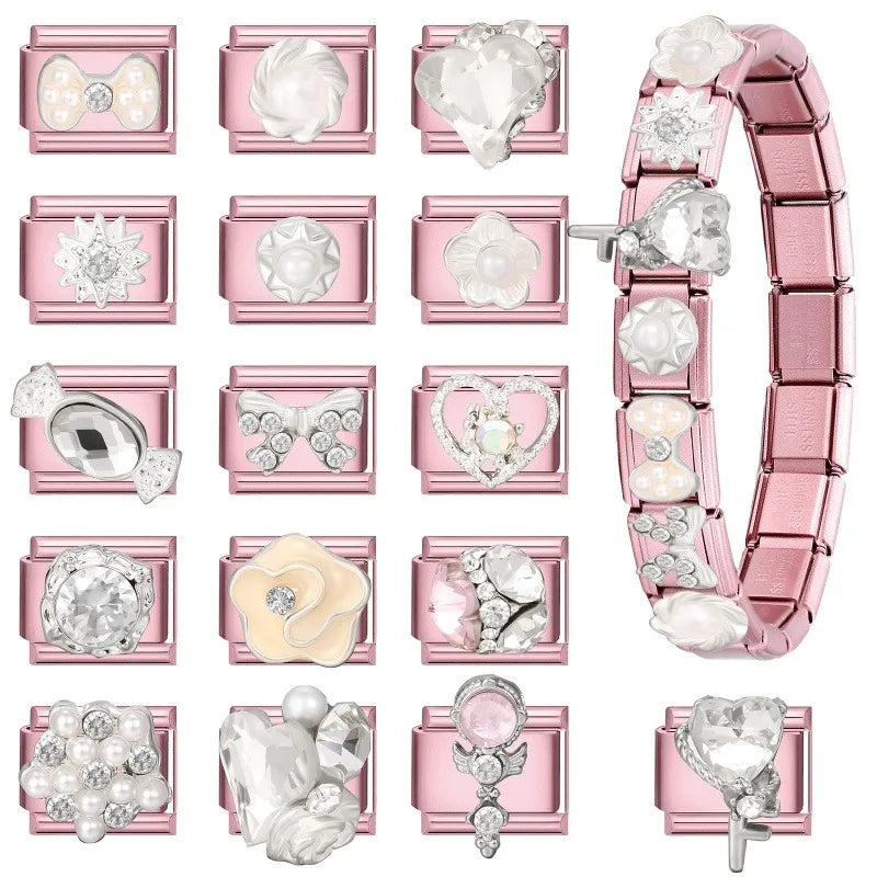 2025 New Sweet Zircon Bright Flowers Heart Bows Pink DIY Making Bracelet Women Men Stainless Steel 9mm Italian Charm Links Fit Qme