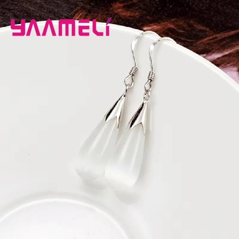 Pure Jewelry Set Simple 925 Sterling Silver Color White Pink Water Drop Opal Cat Eye Stone Pendant Necklace/Hook Earrings/Chain Qme