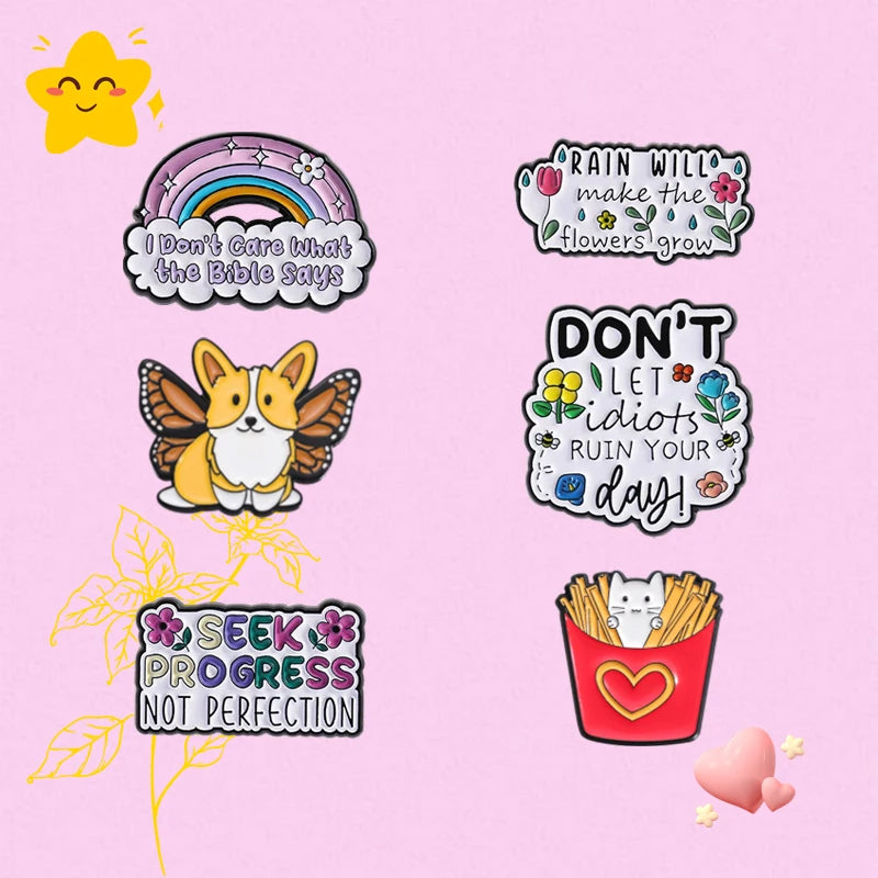 Cartoon Rainbow English Enamel Pins Seek Progress Not Perfection Metal Badge Brooch Children And Friends Jewelry Gifts Wholesale Qme