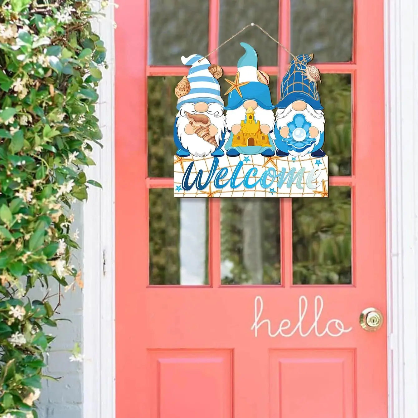 Summer Welcome Sign Wooden Beach Gnomes Hanging Sign Hawaii Door Sign With Ropes Hanging Decoration Qme
