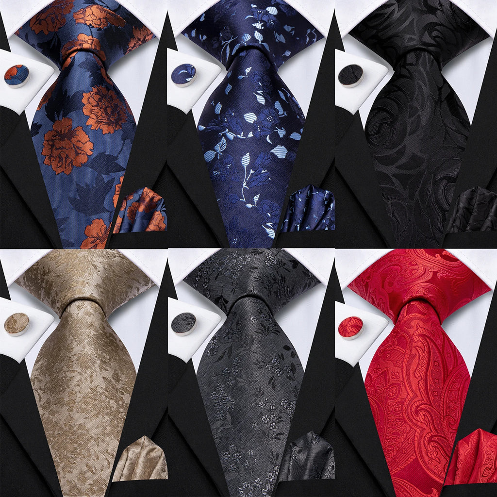 Hi-Tie Black Blue Orange Floral Mens Fashion Necktie Handkerchief Cufflinks for Tuxedo Classic Tie Man Gift Valentine's Day Qme
