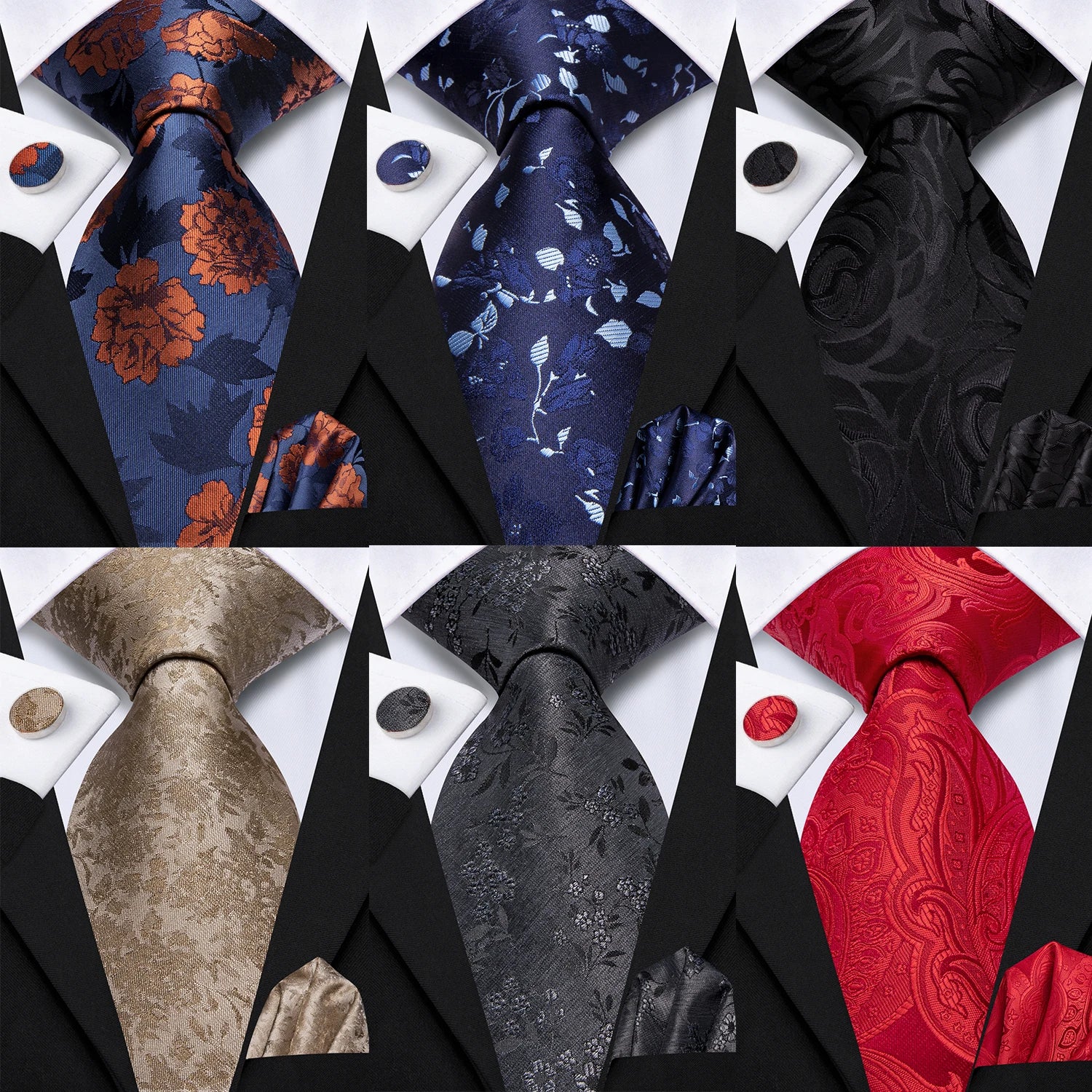 Hi-Tie Black Blue Orange Floral Mens Fashion Necktie Handkerchief Cufflinks for Tuxedo Classic Tie Man Gift Valentine's Day Qme